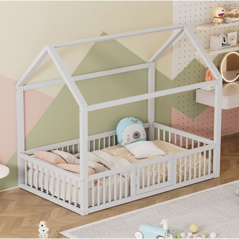 Cama infantil casa 90x200 cm con barrera de seguridad y puerta abatible, estructura de madera de pino y MDF, acabado blanco, ideal para dormitorio infantil  CHICFURN (1/5)