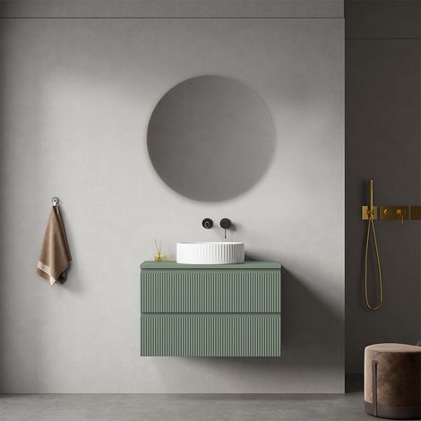 Mobile bagno sospeso cannettato 80 cm Verde Salvia per Lavabo d'appoggio Specchio Tondo - Fiji Paint Top Canneté (1/4)