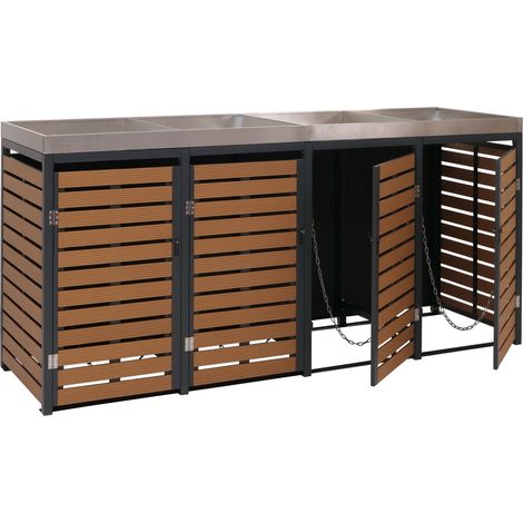 [NEUWERTIG] 4er Mülltonnenverkleidung HHG-621, Mülltonnenbox mit Pflanzkasten, 124x265x84cm WPC Edelstahl 132kg Teak-Optik