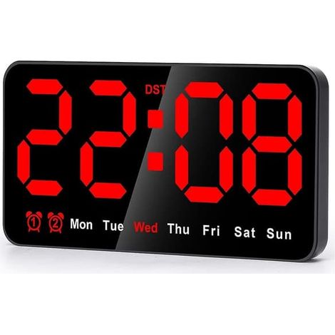 BelleRise - Horloge murale numérique LED 9 pouces, affichage 12/24 h, grands chiffres, silencieuse, lettres noires et rouges (1/5)