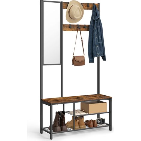 Meuble d’Entrée VASAGLE - Porte-manteau - Vestiaire - Avec Crochets - Miroir - Banc à Chaussures et Étagères - 36 x 98 x 185 cm - Pour Entrée, Couloir, Chambre, Salon - Marron Rustique et Noir