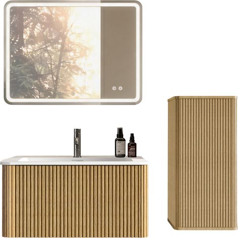 Mobile bagno sospeso 80 cm con lavabo, specchio LED quadrato e colonna, effetto rovere MODENUIT (1/5)