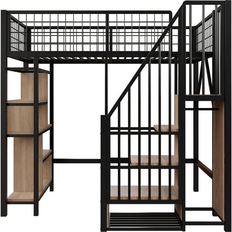 Cama alta multifunción 90 x 200 cm de metal negro con almacenaje y escalera HOMVRA (1/5)
