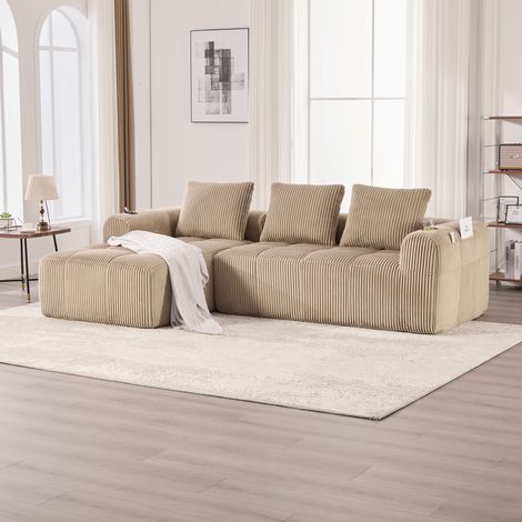 Canapé compact en velours côtelé,doux,modulaire et pratique au quotidien avec poche latérale et porte-gobelet, confort premium pour longues assises, 3 coussins inclus, idéal pour salon ou bureau, kaki (1/5)