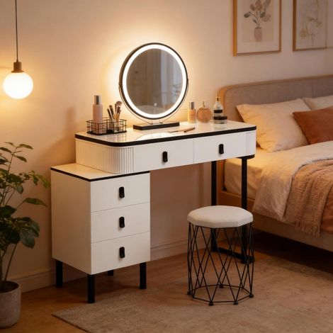 Coiffeuse avec Miroir LED et Tabouret Table de Maquillage 5 Tiroirs Meuble Chambre 125x40cm Noir et Blanc (1/5)