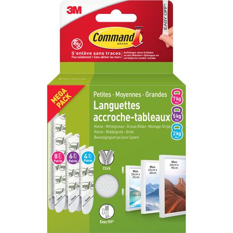 Command™ languettes accroche tableaux, multi-pack, 8 x petites, 6 x moyennes, 4 x grandes, blanches - Facile à appliquer sans clou, sans vis ni outil (1/5)