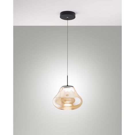 Lampada a Sospensione Deva Ø250mm Ambra, LED 14W 1510lm CCT Dimmerabile, Struttura in Metallo e Vetro Borosilicato - Deva