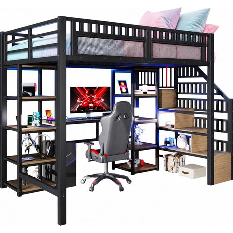 Letto a soppalco 140x200 cm in metallo nero con scrivania e ripiani - CHICFURN (1/5)