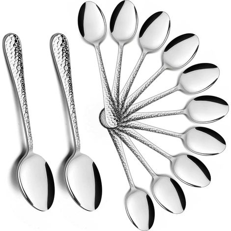 Lot de 12 cuillères à café en acier inoxydable avec poignée en marteau, petite cuillère pour maison, restaurant, cuisine, bord rond et poli brillant, passe au lave-vaisselle (15 cm, argent) (1/5)