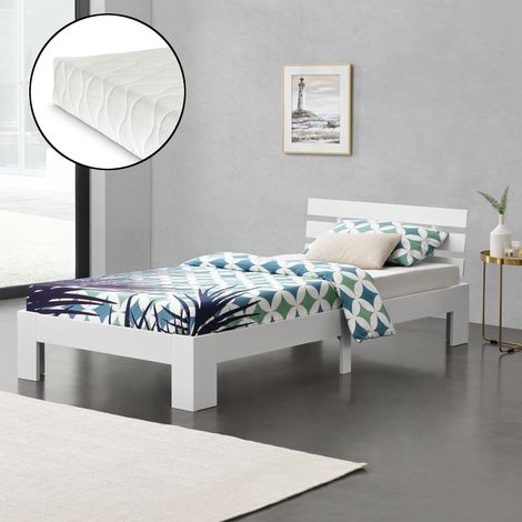 Letto in Legno di Pino con Materasso a Schiuma Fredda 120 x 200 cm Letto 1 Piazza e Mezza con Testiera in Stile Moderno - Bianco (1/5)