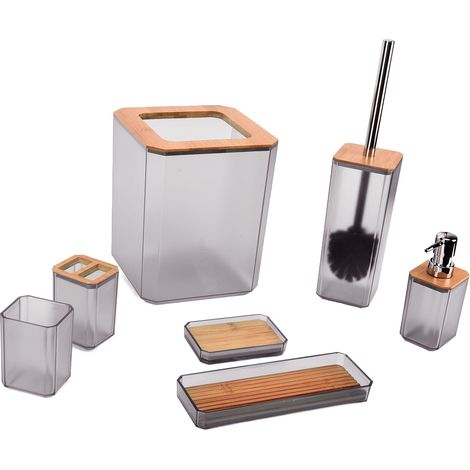 Lot de 7 accessoires salle de bain en bambou gris - corbeille poubelle & kit lavabo (1/5)