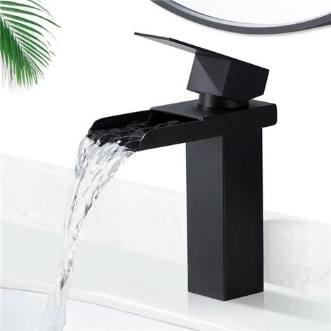 1 Mitigeur lavabo cascade,Acier inoxydable 304,Noir,Bec large,Salle de bain