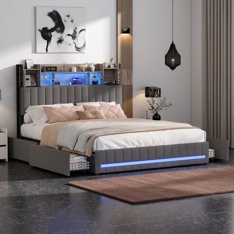 Cama doble - 140 x 200 cm - Tejido de lino gris - 4 cajones y cabecero con almacenamiento - LED RGB + USB‑C