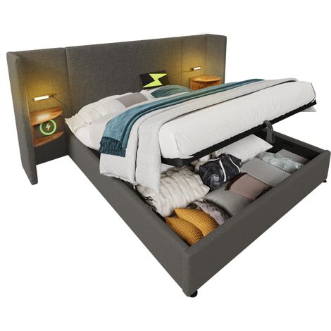 Lit coffre 160x200 capitonné en tissu gris, tête de lit avec liseuse, ports USB et Type-C, rangement hydraulique, structure métal et bois – CHICFURN (1/5)