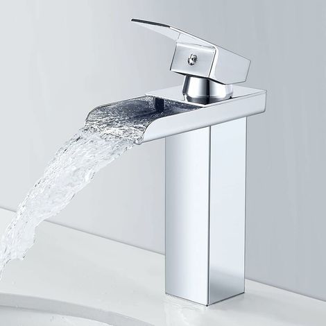 Moderne Robinet Salle de Bain Cascade, Chromé Mitigeur Lavabo Cascade, Robinet Lavabo avec Bec Hauteur , Mitigeur Salle de Bain en Laiton, Eau Froide & Chaude Disponible (1/5)