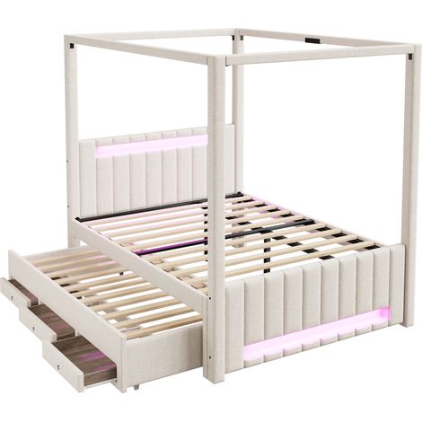 Lit à baldaquin capitonné 140x200 cm avec lit gigogne et trois tiroirs, éclairage LED, beige
