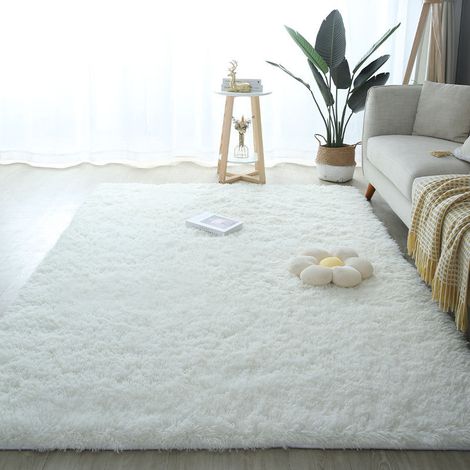 Tapis moelleux pour chambre à coucher, 100 x 140 cm, tapis moelleux, table de chevet, salon, chambre d'enfant, fille et chambre à coucher, blanc (1/4)
