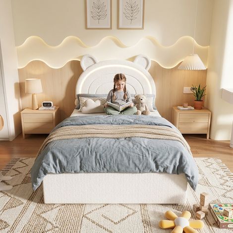 Cama infantil 90x200 de terciopelo beige, con almacenaje para niños, sin colchón FloraGrace (1/5)