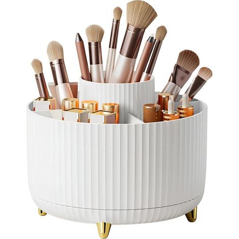 Large-capacity makeup organizer, 360° rotatable, 5-compartment makeup brush storage, for vanity, bathroom, bedroom (White) (1/4)