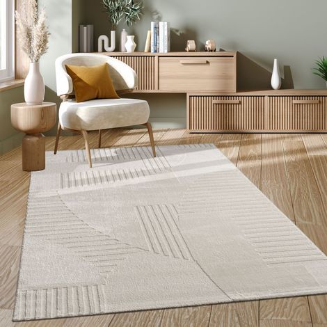 Paco Home Tapis Salon Chambre Adulte Poils Ras Motif Scandinave Geometrique Boho Uni 160x230 cm, Crème 3