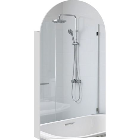Meuble-lavabo avec miroir, meuble de salle de bain arqué sans cadre avec étagères en verre réglables, blanc. (1/5)