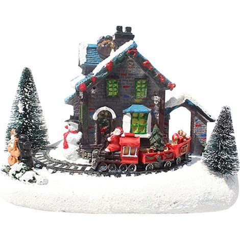 Village de Noël lumineux en résine et bois, maison LED décorative pour bureau, chalet illuminé de Noël, pièce de décoration de table. (1/3)