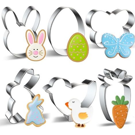 Emporte-pièces - 6 Pièces - Coupe-pâte et moules à biscuits - Inox - Argent - Pour la décoration de gâteaux DIY - Œufs, poussins, carottes, lapins, papillon et visages de lapins - Différentes tailles  (1/5)