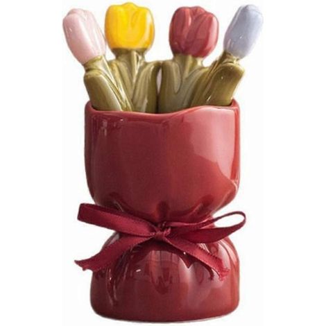 Ensemble de fourchettes à fruits en forme de tulipe, bocal en céramique avec rangement intégré, poignée ergonomique, pot pour recettes de fruits (1/5)