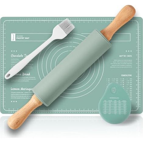 Ensemble de rouleau à pâtisserie et tapis à pâtisserie, rouleau à pâtisserie en bois (38 cm) +tapis silicone(60 x 40 cm)+corne patisserie+pinceau cuisine,rouleau patisserie silicone (vert) (1/4)