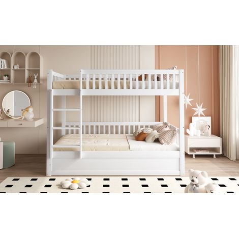Lit superposé enfant 90x200 cm en bois massif blanc, coffre hydraulique intégré, lit de rangement robuste et durable pour chambre d'enfant (1/5)