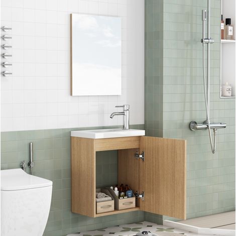 Hängender Badschrank 40 x 25 x 48 cm mit Keramikwaschbecken und Spiegel, Eiche HAVRYA (1/5)