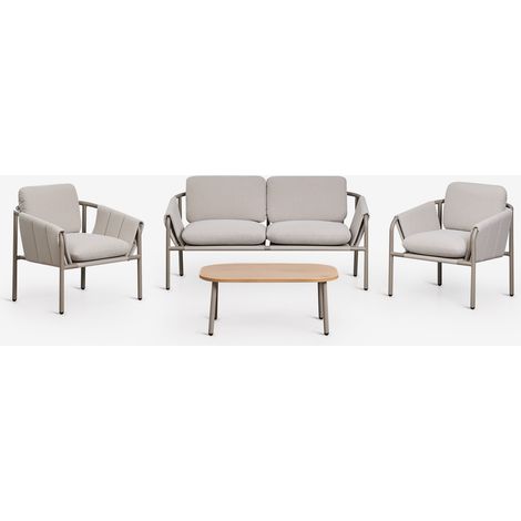 SKLUM Gartenset mit 2-Sitzer-Sofa, 2 gepolsterten Sesseln und Zunika Stahl-Couchtisch Moka Braun                                  