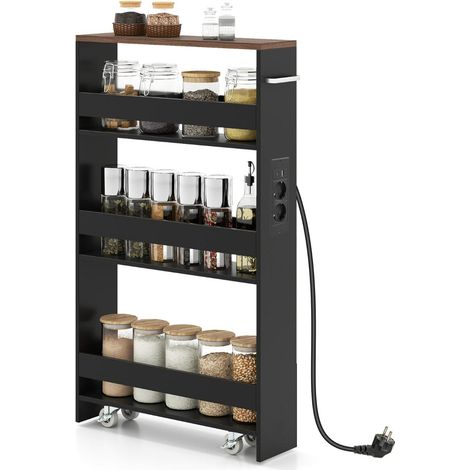 Slim 13cm Storage Trolley with Charging Station, 4-Tier Rolling Kitchen Trolley with Handle and Guardrail, Black & Brown