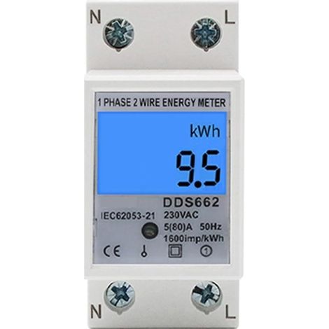 Compteur digital rail DIN monophasé énergie 2P 5(80) A 220/230 V 50/60 Hz LCD compact précision maison... (1/5)