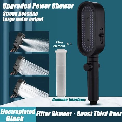 (Noir) Pommeau de douche haute pression avec filtre intégré, bouton réglable à trois modes, économe en eau, accessoire de salle de bain. (1/5)