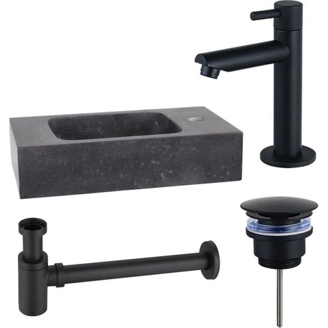 Fortifura Fuente Pack Lave-mains - 40x22x9cm - 1 trou de robinet - pierre naturelle - robinet Noir mat - Noir