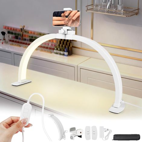Demi-lune Lampe pour Ongles, 22" Lampe de Bureau Pour Ongles Pliable Support Pour Téléphone, 3 Modes de Couleur et 10 Niveaux Luminosité Réglable