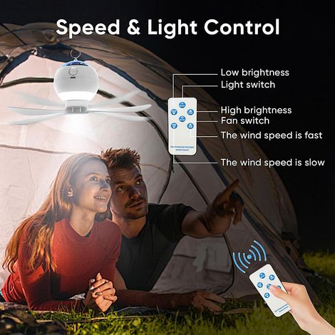 Ventilateur de camping LED avec télécommande, ventilateur de tente suspendu d&aposextérieur, 3 vitesses de vent, 3000 mAh, blanc (1/5)