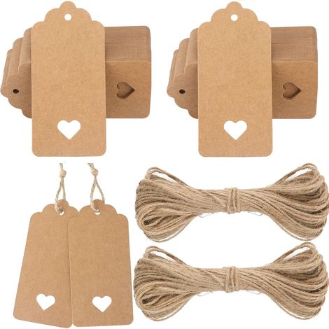 100PCS Étiquettes Cadeaux Kraft,4.5x9cm Étiquettes en Papier Brun  Etiquette Kraft avec Ficelle 20m pour Cadeaux,Mariage,Noël,Anniversaire,Communion,Baptême et DIY