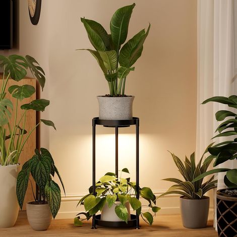 Support à fleurs en métal moderne – Support pour plante avec lampe pour plante, étagère à plantes minimaliste en noir, tabouret à fleurs stable servant d'escalier à fleurs sobre (1/5)