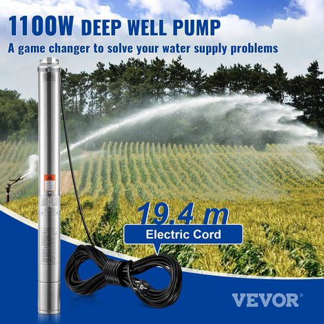 Pompe Immergée pour Puits Profond, 1100 W, Pompe à Eau Acier Inoxydable, Débit 7,1 m³/h, 105 m, avec Cordon Électrique 19,4 m, Pomp… (1/5)