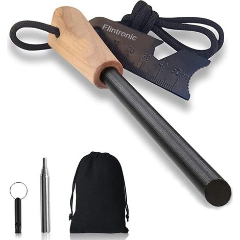 7-in-1 Fire Starter Kit, Survival Lighter Type Flint with Handmade Wooden Handle Survival Flint Neck Lanyard Multi-Tool Scraper Whistle (1/5)