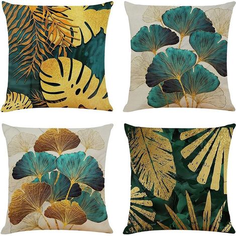 Lot de 4 Housses de Coussin 45x45 cm Carrées en Feuilles Vertes et Dorées Housse Coussins de Canapé (1/5)