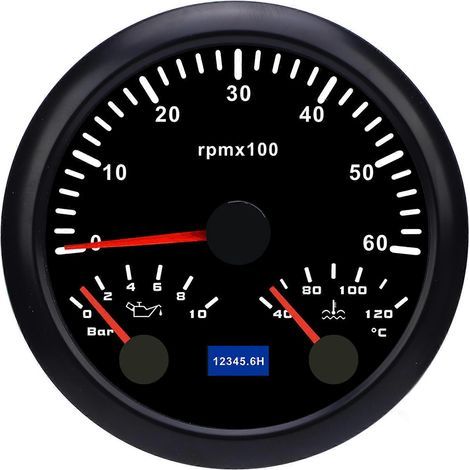 Tachymètre 3 en 1 85 mm, pression d'huile 0-10 bar, température d'eau 40-120 °C, compte-tours 6000 tr/min, CC 9-32 V, rétroéclairage 7 couleurs, pour voiture, camion, bateau. (1/5)