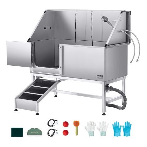 Baignoire de Chien Acier Inoxydable, Baignoire de Toilettage pour Animaux de Compagnie 150 cm Station de Lavage Chat, avec Rampe, Panneau Filtre à Eau, Robinet, Pommeau de Douche, Porte Gauche (1/3)