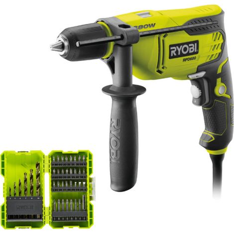 Pack RYOBI - Perceuse à percussion RPD680K - 680W - Coffret antichocs empilable RAK38SDD 38 accessoires de perçage-vissage - porte embouts (1/4)