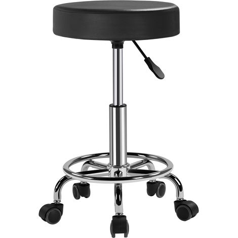 Yaheetech Sgabello con Ruote, Regolabile in Altezza, Sedia Rotondo Estetista con Rotelle Girevole, per Salone Toeletta Trucco Parrucchiere Poltrona Pedicure in Similcuoio, Nero