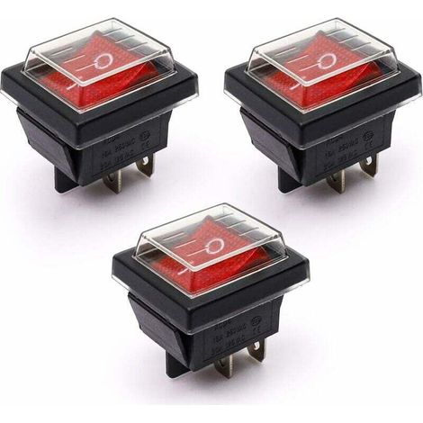 3Pcs Red Light ON/OFF Rocker Switch with Waterproof Cover 16A/250V 20A/125V AC (DPST) (1/5)
