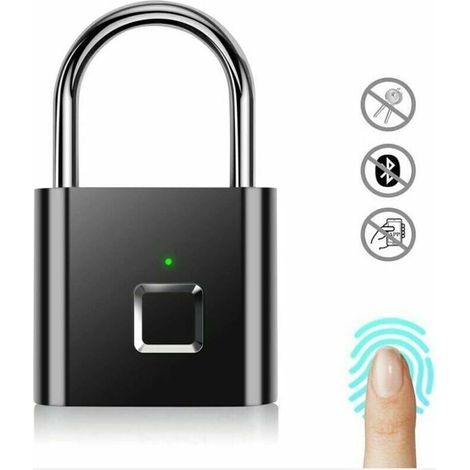 Candado con huella dactilar, súper resistente al agua, sin llave, recargable por USB, para interiores y exteriores, color negro. (1/4)