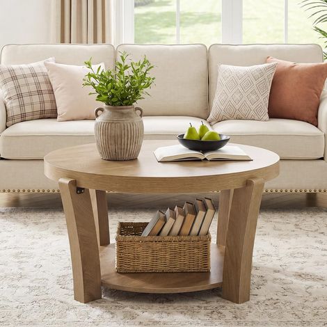 Tribesigns Table Basse Ronde 86 cm, 2 Niveaux avec Rangement Ouvert, Design Industriel et Campagne, Finition Bois Vintage Marron pour Salon, Montage Facile (1/5)